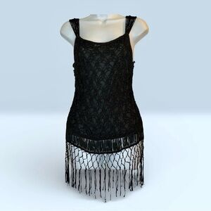 Flirty Black Crocheted Fully Lined Fringe Sleeveless Top
